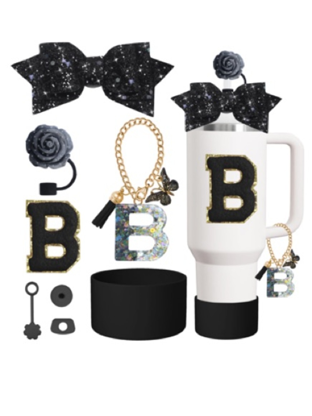 8PCS Stanley Cup Accessories Set - Black & White Glitter Charms